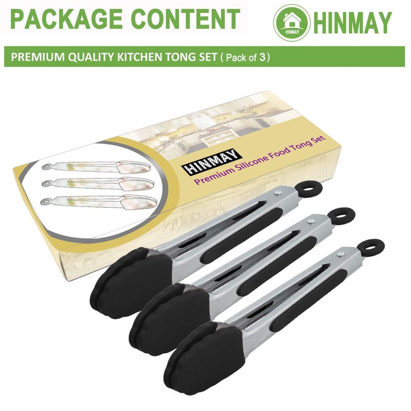 HINMAY Small Serving Tongs with Silicone Tips 7 Inch Mini Stainless Steel Food Tongs, Set of 3 (Black) - Image 2